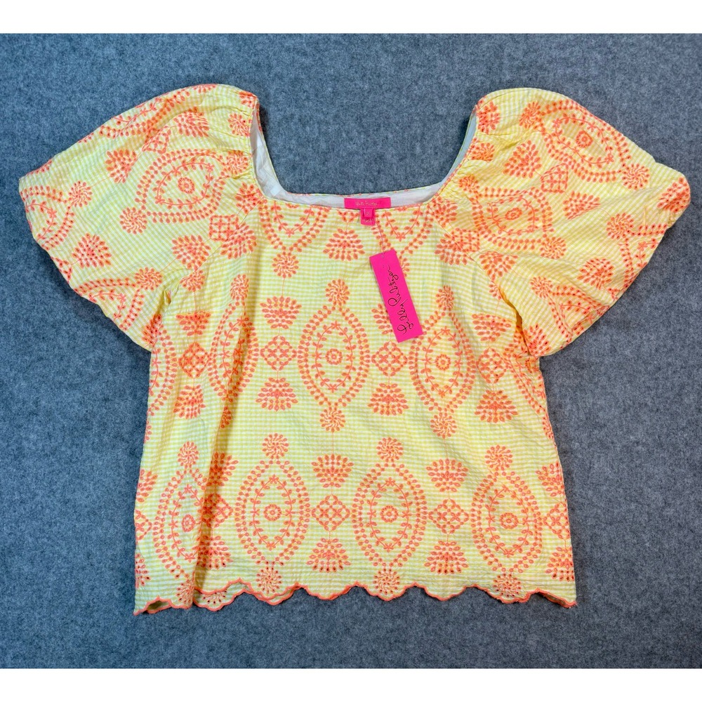 Lilly Pulitzer Lettie Eyelet Top XL Calla Yellow Gingham Seersucker Puff Sleeve